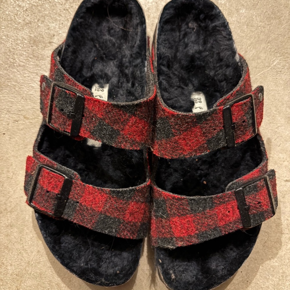 Birkenstock Red and Black Plaid Sandals